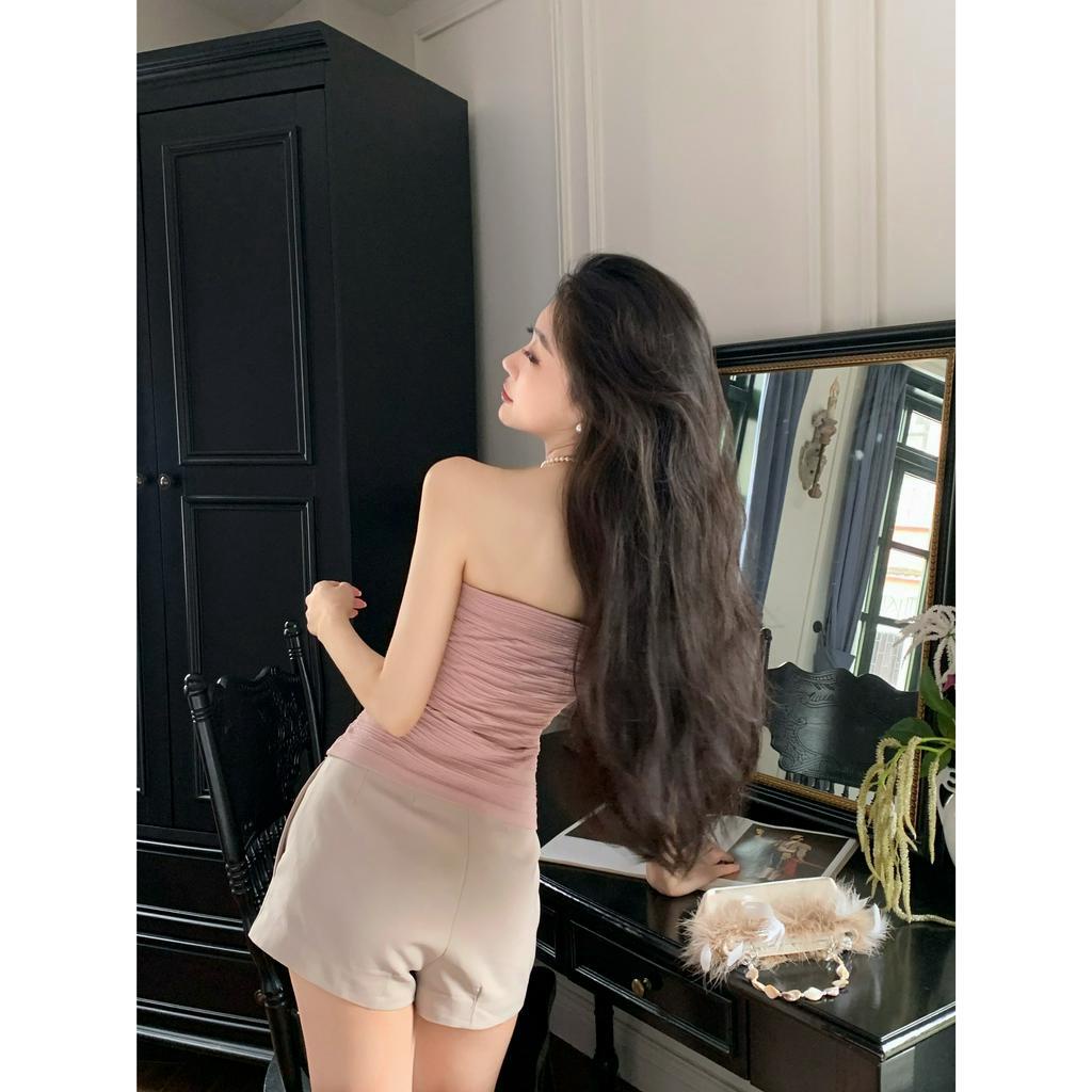 ZHELIHANGFEI Áo Ống Ngắn Ôm Ngực Màu Hồng Kiểu Pháp Thời Trang Mùa Hè Quyến Rũ Cho Nữ