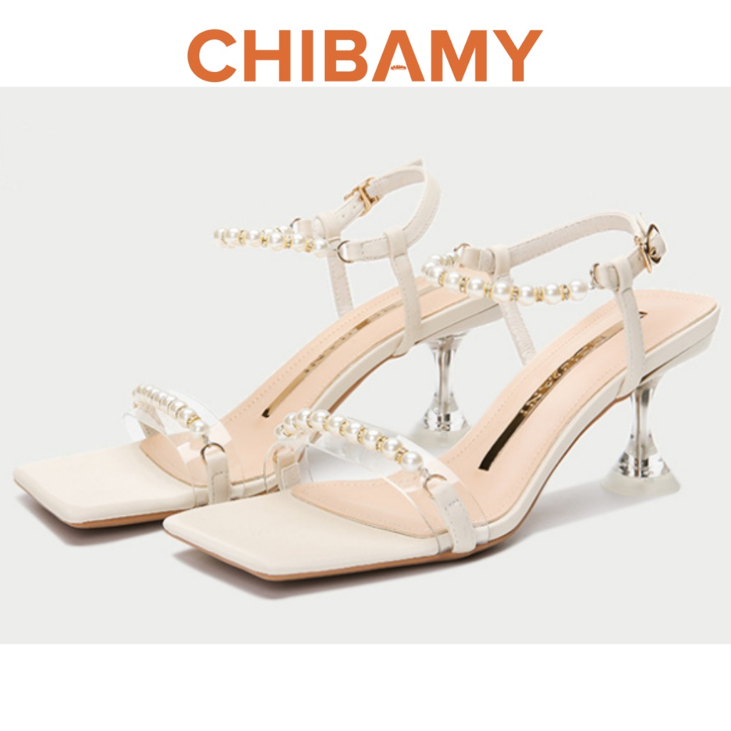 Giày sandal cao gót nữ quai Cườm gót mảnh cao 7cm CHIBAMY