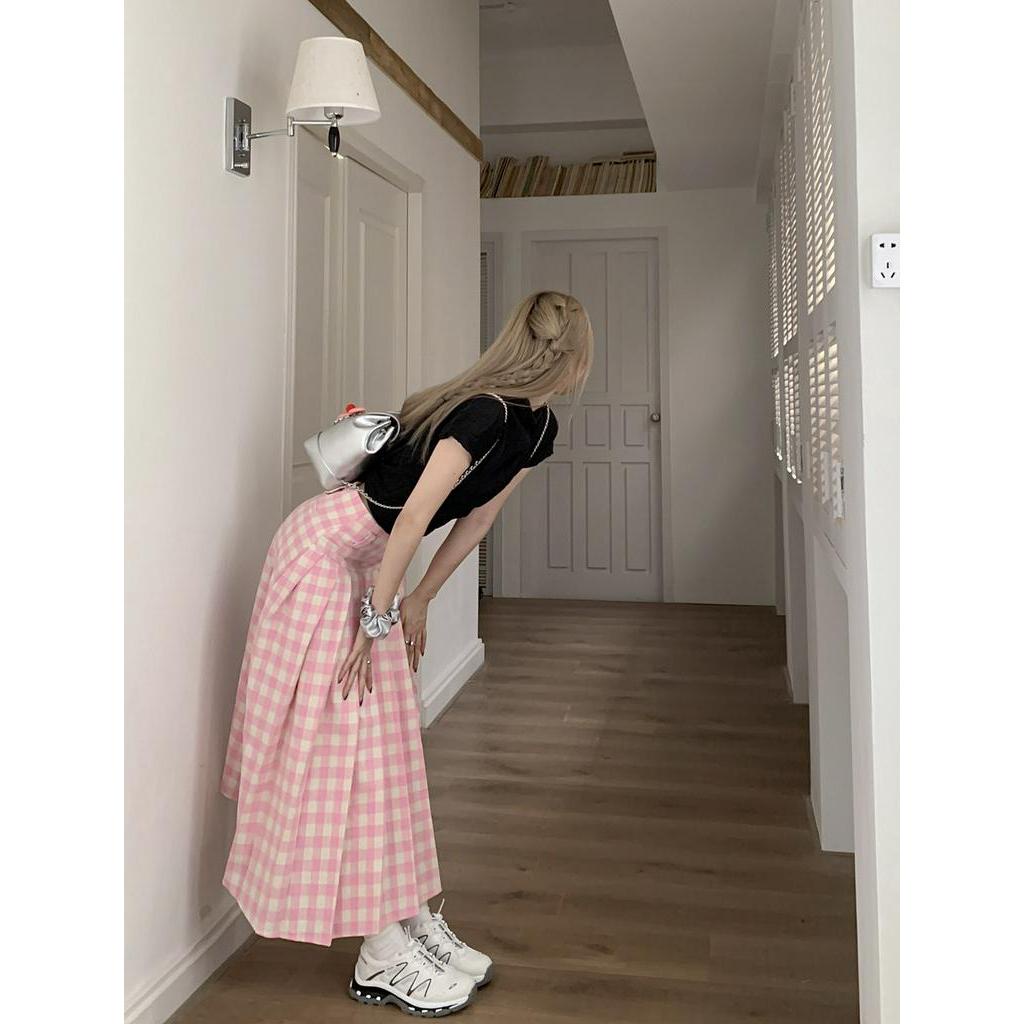 Chân Váy Dài Dáng Chữ A Xếp Ly Sọc Ca Rô Màu Hồng Thời Trang Mùa Xuân 63320