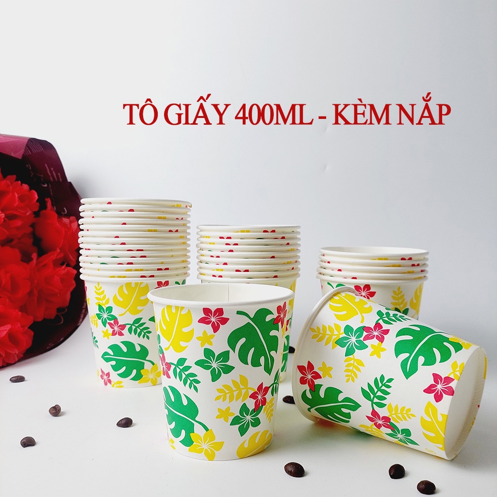 50 Chiếc Tô Giấy Hoa 400ml Kèm Nắp - 14oz NHẬP KHẨU HÀN QUỐC