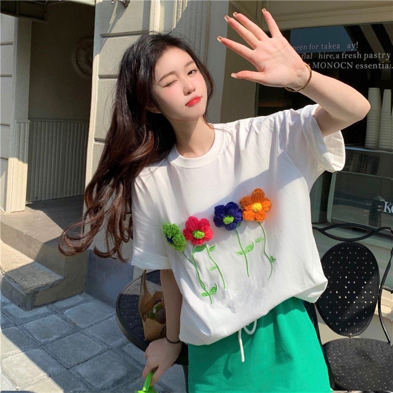 Áo Thun Tay Ngắn Cổ Tròn Thêu Hoa Cỡ Lớn Thời Trang Mùa Hè Hàng Mới Cho Nữ