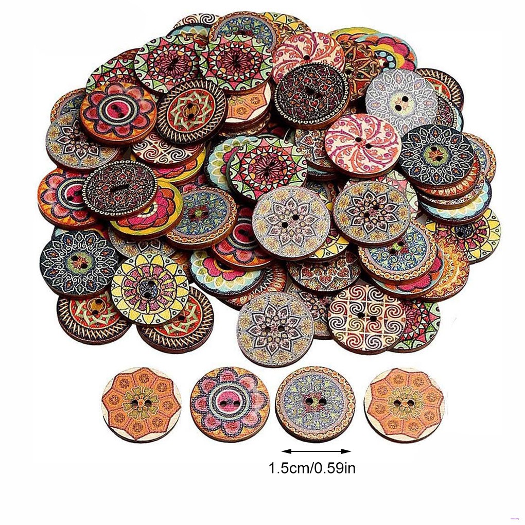 Bộ 100 Nút Gỗ Tròn 15mm In Hình Hoa Phong Cách Retro