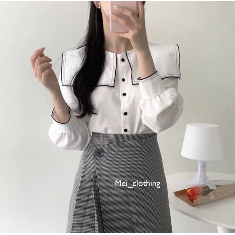 [Ảnh thật/sẵn] Áo sơmi cổ vuông viền đen thanh lịch/ sơ mi nữ