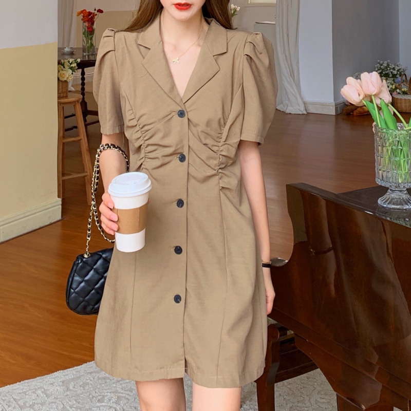 Spot  summer  new style  Korean version  design sense  drawstring  pleated  slim  niche suits  dresses