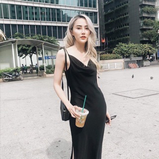 Đầm body đen cổ đổ xẻ tà ❤️(KÈM ẢNH SÀN THẬT)t