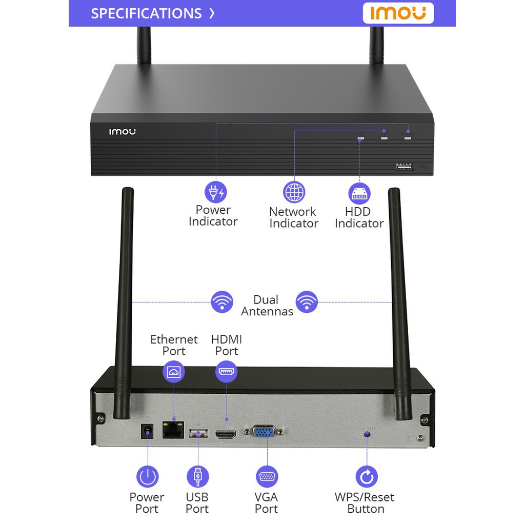 Hệ thống an ninh mạng Wi-Fi Dahua Imou 4CH Không dây NVR Độ phân giải 4K Vỏ kim loại mạnh mẽ Phù hợp với Tiêu chuẩn ONVIF