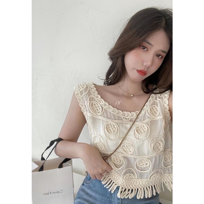 Mới Áo Thun Sát Nách Phối Tua Rua Cho Nữ