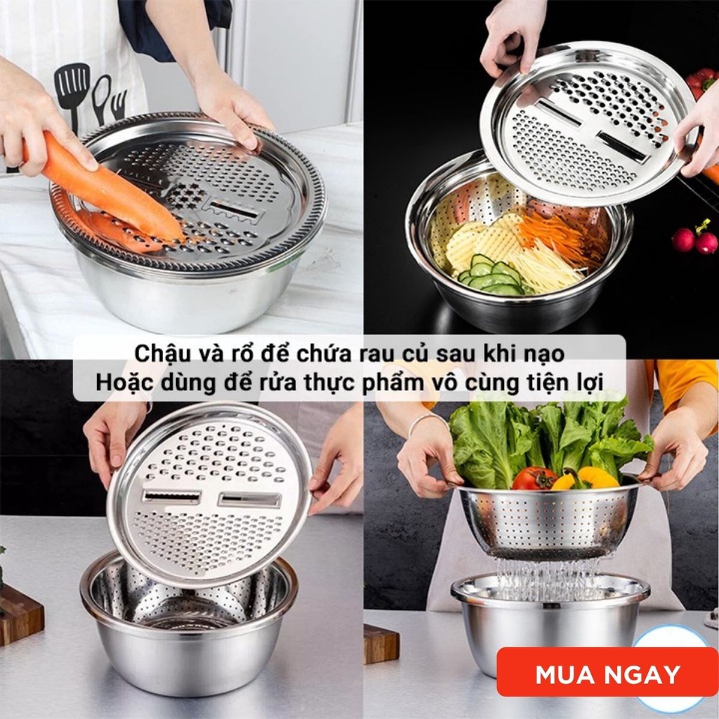 Bộ dụng cụ nạo rau củ inox cao cấp không gỉ nhiều chức năng bào cắt rau củ quả rổ để ráo nước sử dụng cho nhà bếp