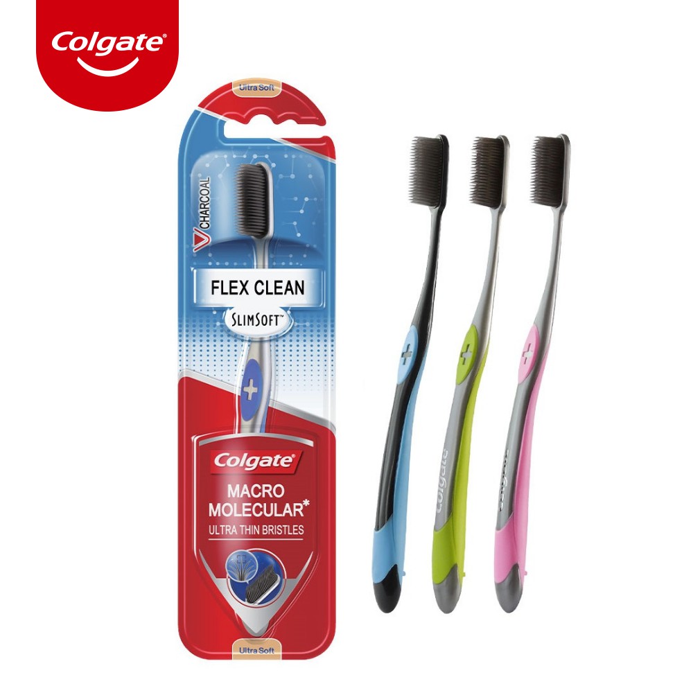 Bộ 4 Bàn chải đánh răng Colgate than hoạt tính kháng khuẩn SlimSoft Flex Clean Charcoal mềm mảnh nguyên khối