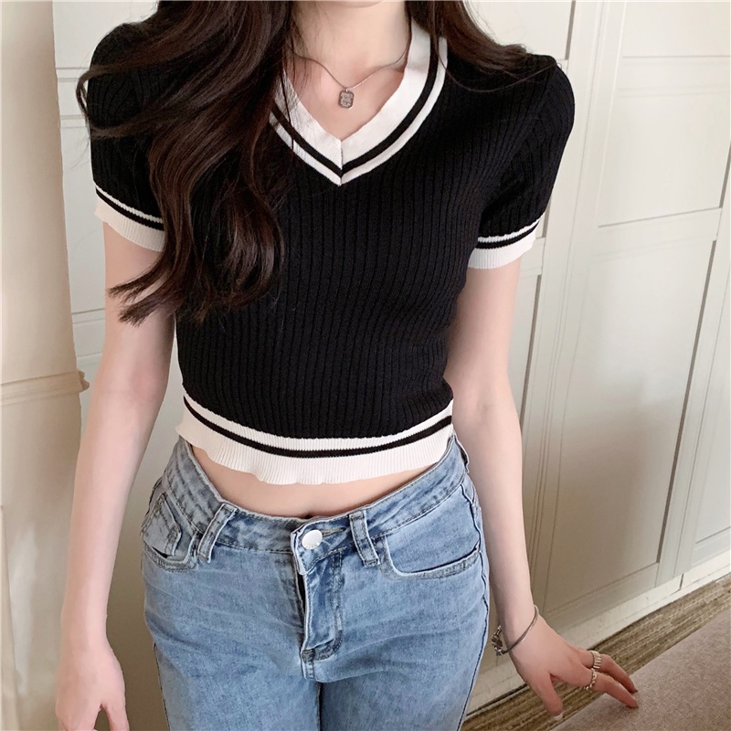 Áo thun SUXI croptop dệt kim cổ chữ V tay ngắn phong cách retro dành cho nữ