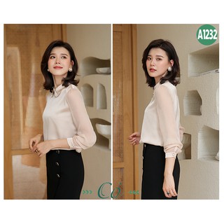 Áo sơ mi satin lụa tay phối voan - A1232