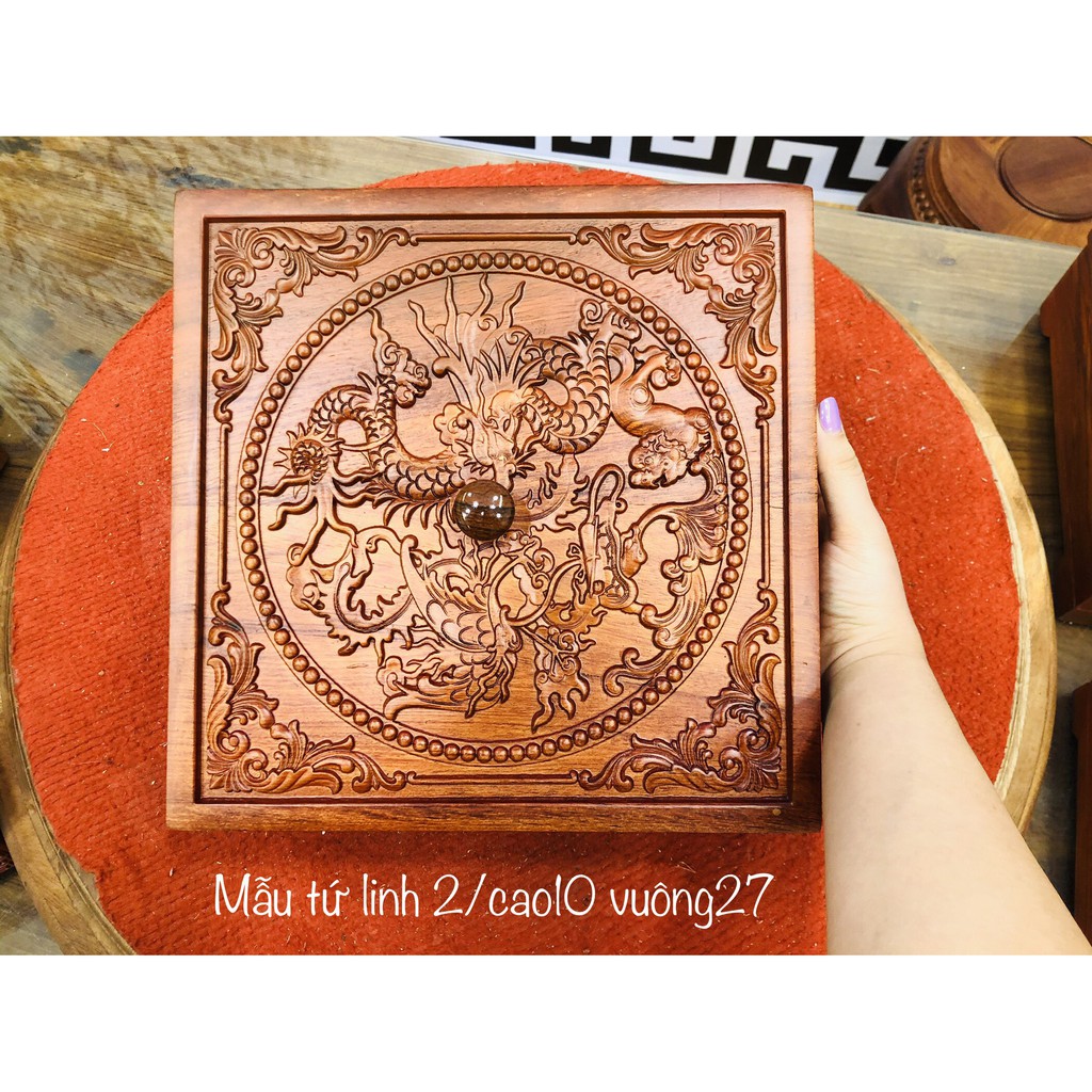 Hộp Đựng Bánh Kẹo Ngày Tết Gỗ Hương Khắc Tứ Linh Mẫu 1