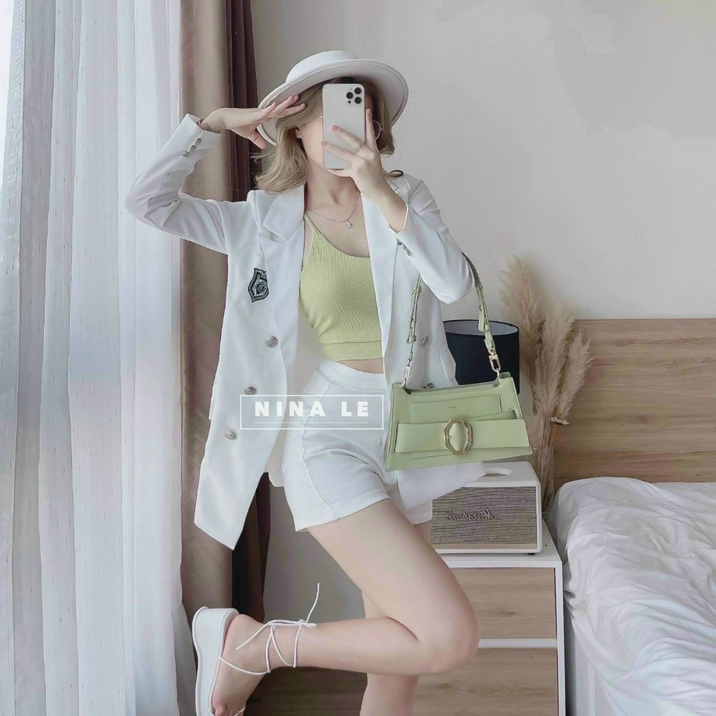 Sét Bộ Nữ Thời Trang Mặc Đi Chơi, Sét Bộ For Áo Thun Gân Mix Quần Kèm áo Khoác Tay Dài Phối Nút Cá Tính