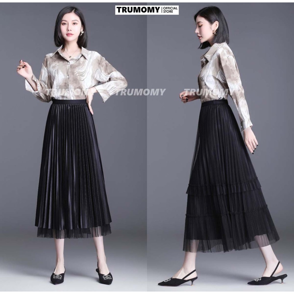 [Mặc 2 mặt] Chân váy xếp ly dáng A xòe dài midi 2 tầng mặc được 2 kiểu ren lụa Quảng Châu - Trumomy
