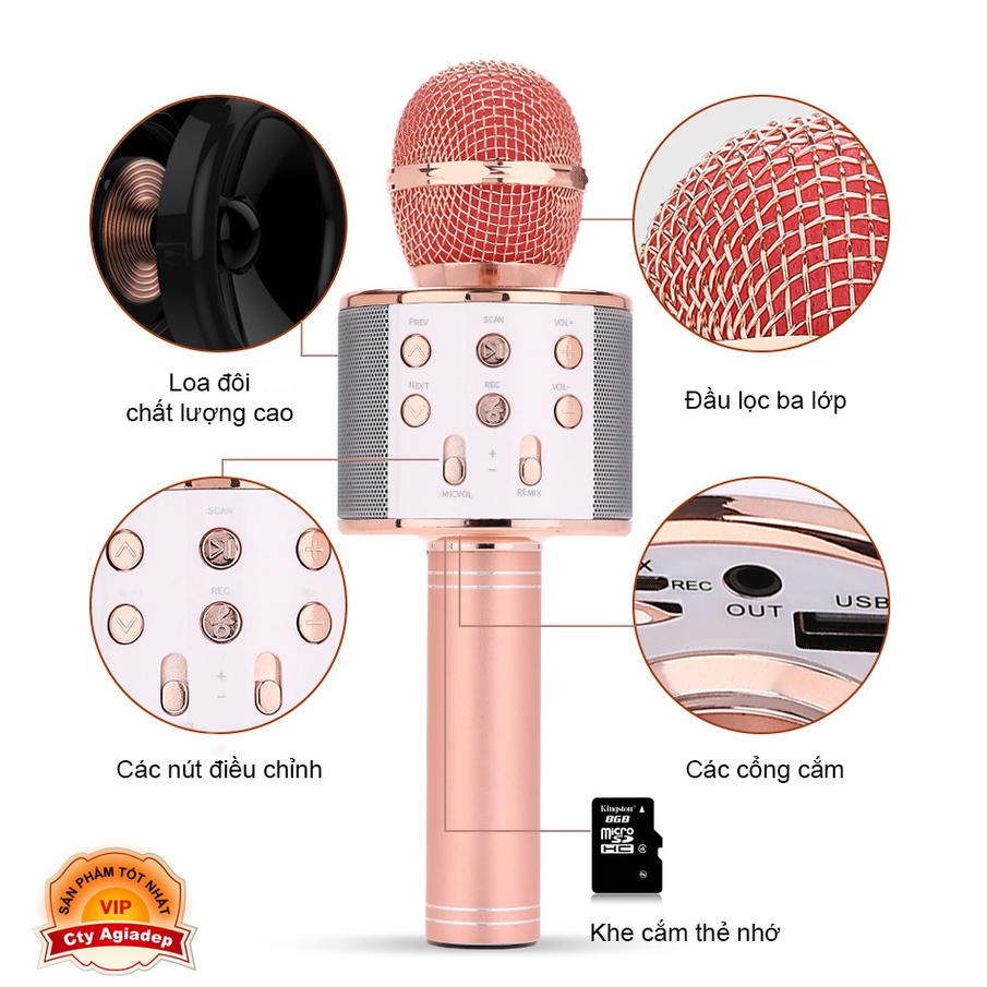 Mic micro hát karaoke cho điện thoại kết nối bluetooth S8 pin sạc