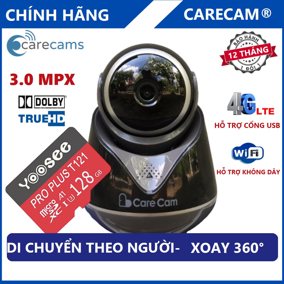 Camera ip wifi Carecam 3.0 Mpx Xoay 360° Cổng USB 4G - Thẻ Nhớ Chính Hãng