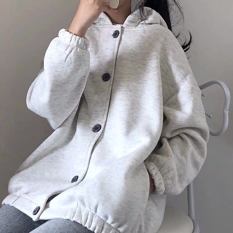 Áo khoác hoodie nam nữ nút to ulzang nỉ bông mũ điệu 2 màu