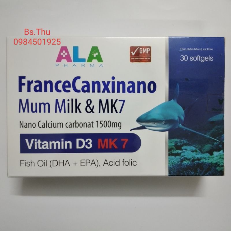 ALA France Canxinano Mum Milk Mk7 Nano Calcium Vitamun D3 MK7 DHA EPA Acid Folic hộp 30 viên hỗ trợ xương răng chắc khỏe