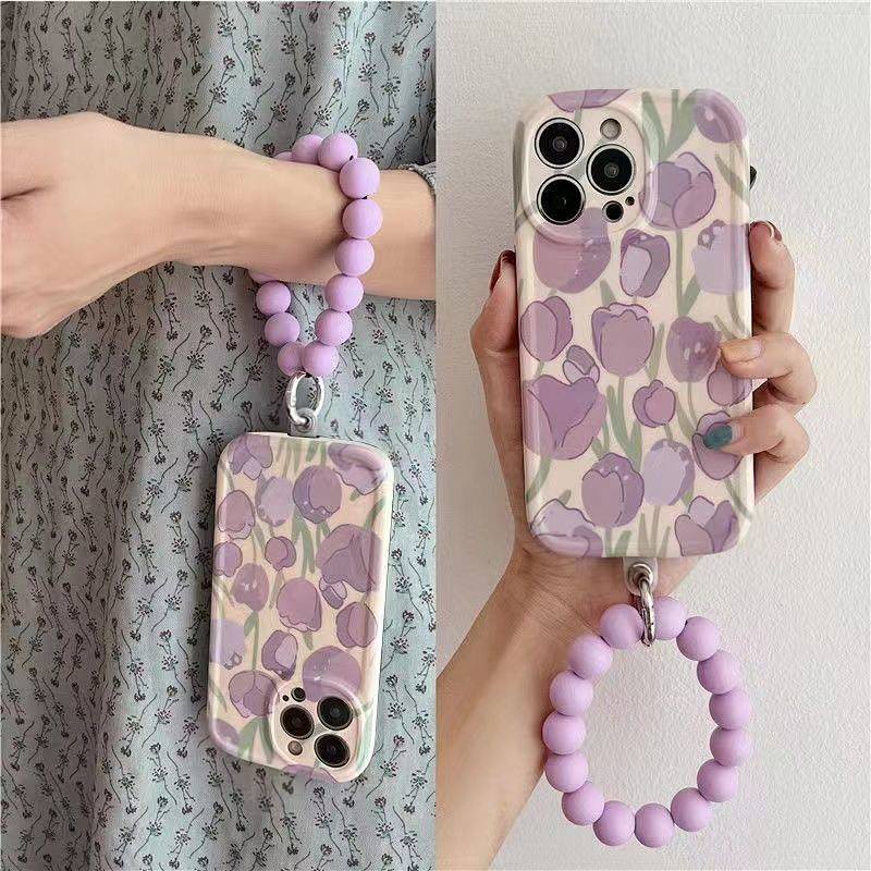 Ốp điện thoại hình hoa tulip tím kèm vòng đeo tay cho nữ giới thích hợp cho iphone 13/12/pro Apple 11/XR/Xs/Max Kgbe