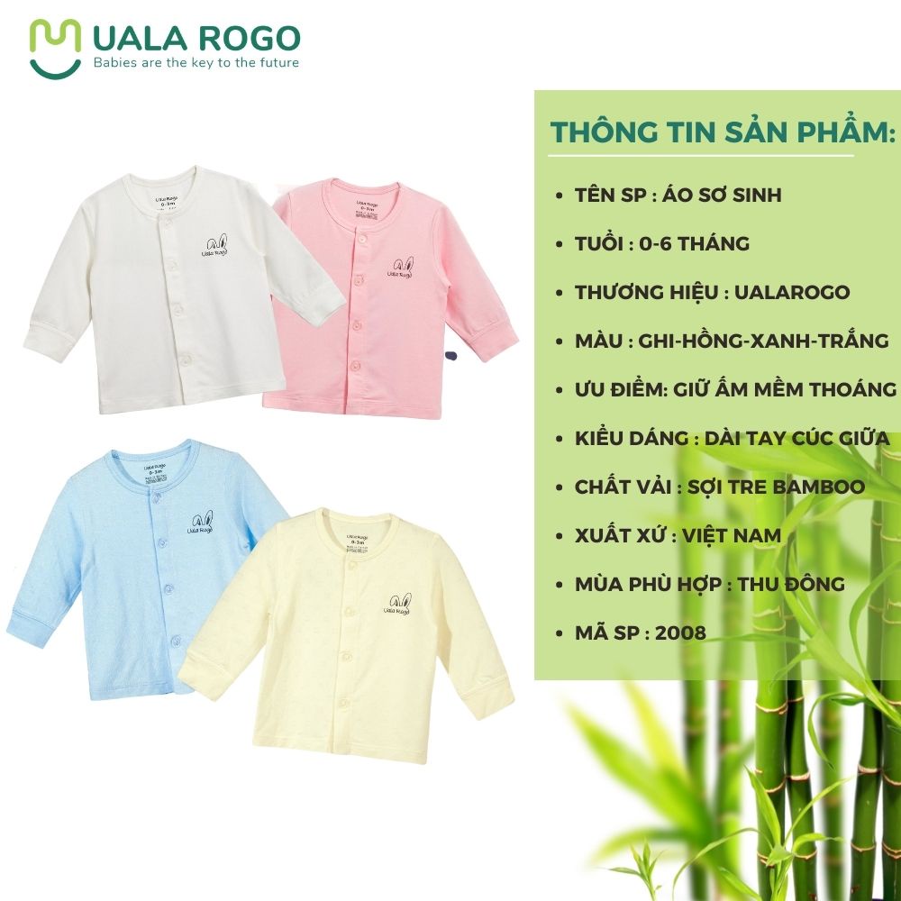 Set 2 áo sơ sinh Uala rogo 0-6 tháng vải sợi tre bamboo mềm mịn khử khuẩn dài tay cúc giữa UR 2008