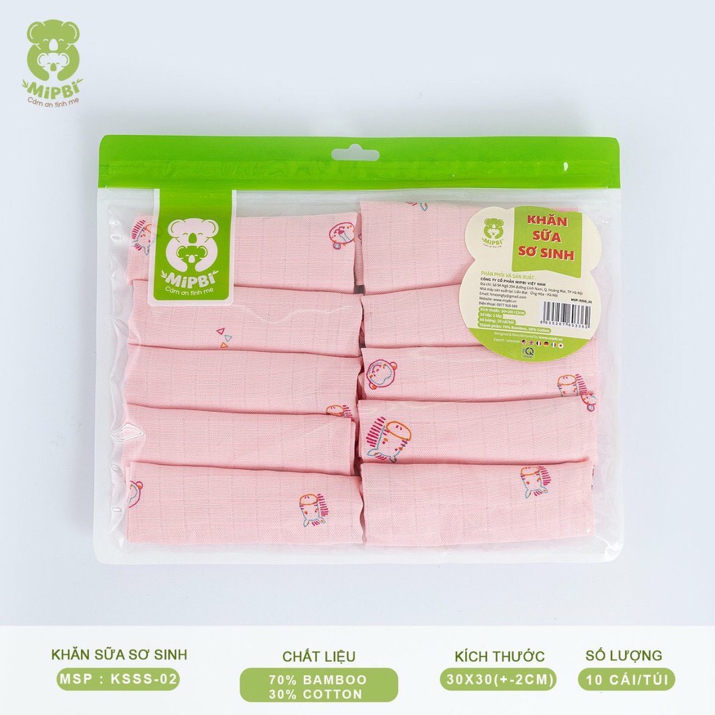Khăn sữa sơ sinh Mipbi 2 lớp cotton mềm mại, kháng khuẩn KSSS02 (Túi 10 chiếc)