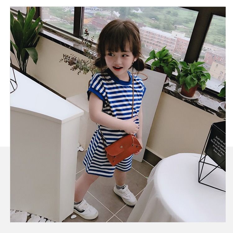 Girl's casual mid length dress girl's navy blue stripe sleeveless T-shirt skirt