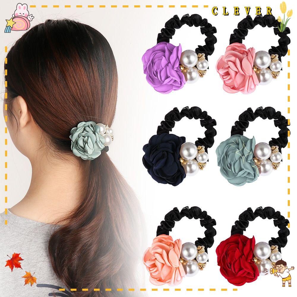 Dây cột tóc hoa hồng đính ngọc trai giả thời trang xinh xắn cho nữ