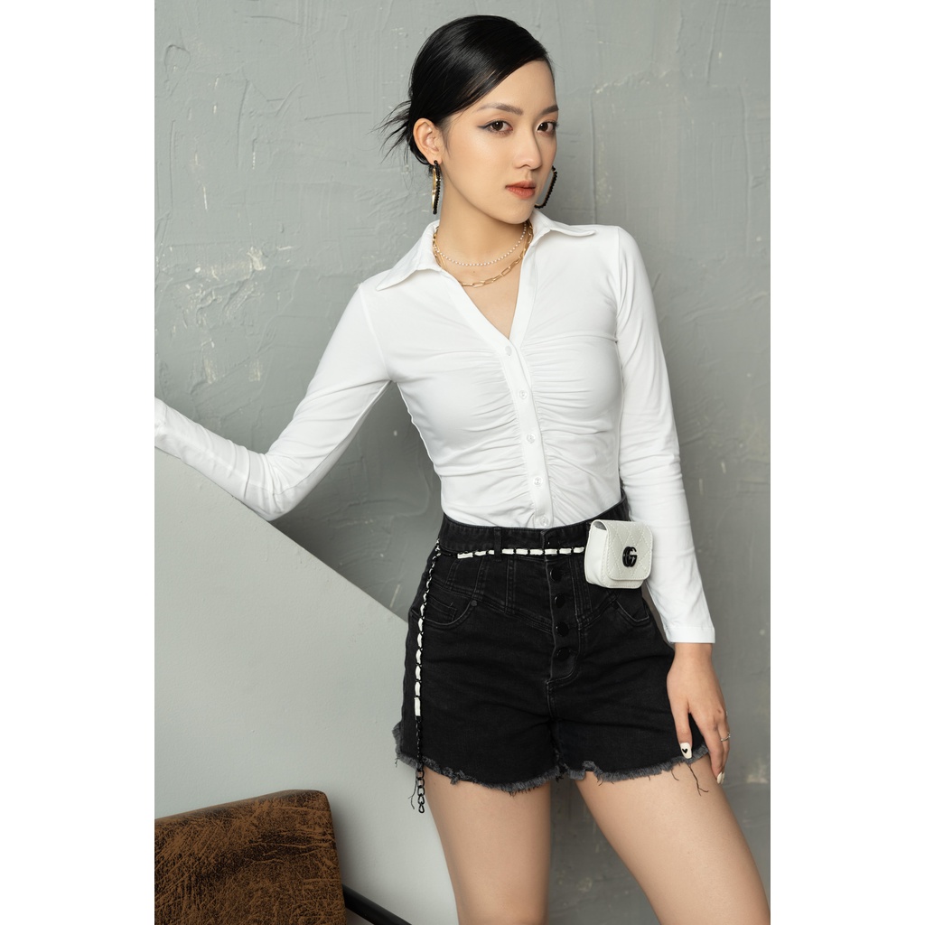 Áo thun MECIA AT016-01 Áo thun dài tay cổ đức nhún ngực