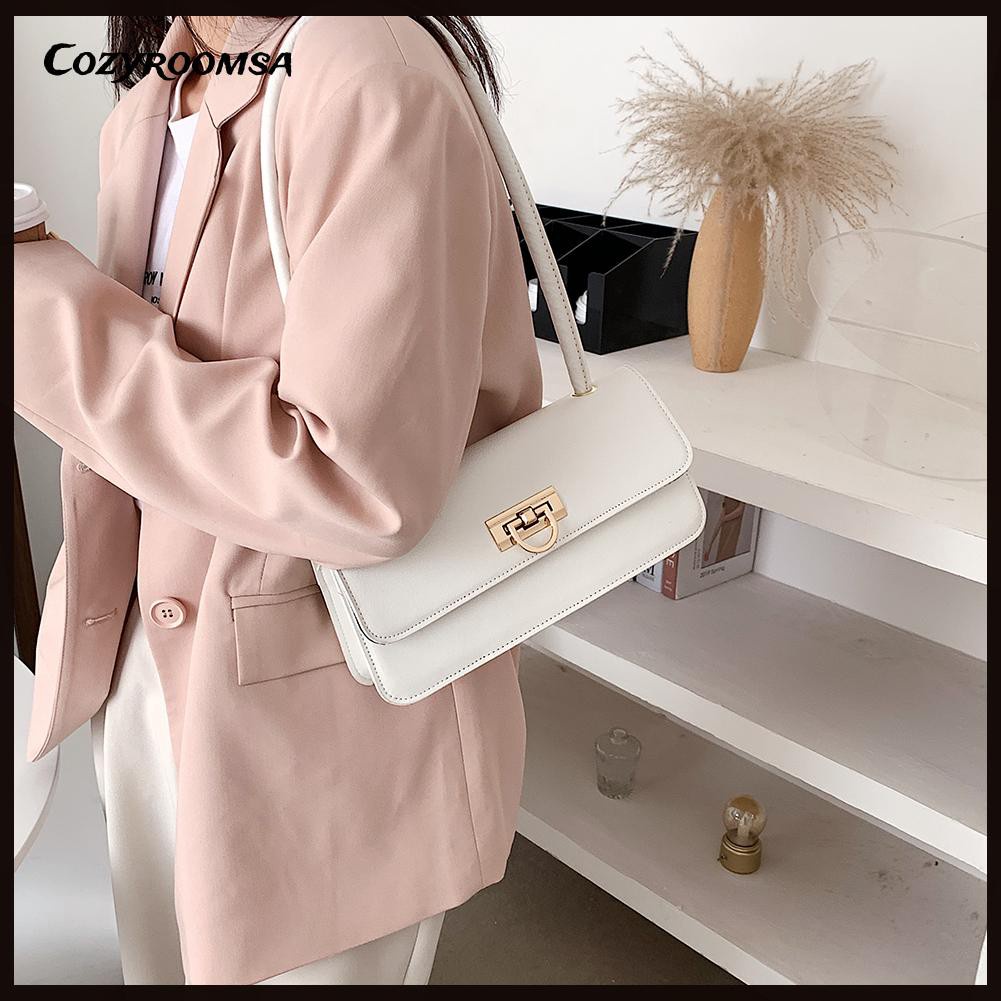 Fashion Women Pure Color PU Top-handle Handbag Flap Underarm Shoulder Bag