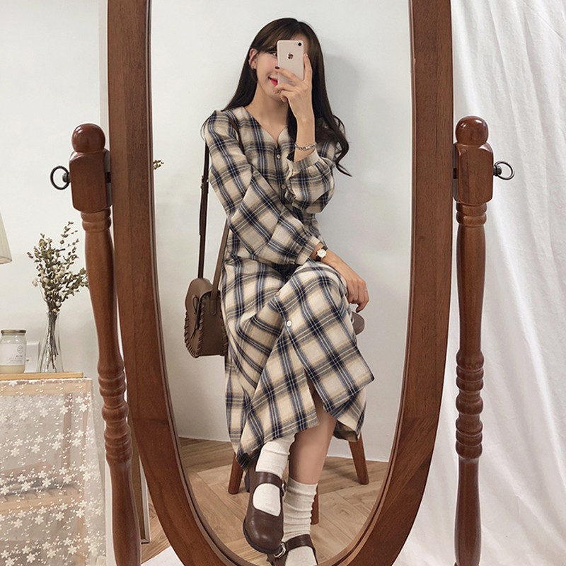Xiaozhainv Đầm maxi dài tay họa tiết kẻ sọc ca rô phong cách Hàn Quốc xinh xắn thời trang cho nữ | BigBuy360 - bigbuy360.vn