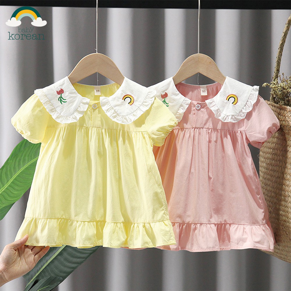 Váy hoa nhí thô lụa mềm mịn cho bé yêu, viền cổ thêu Cầu Vòng Xinh Xắn