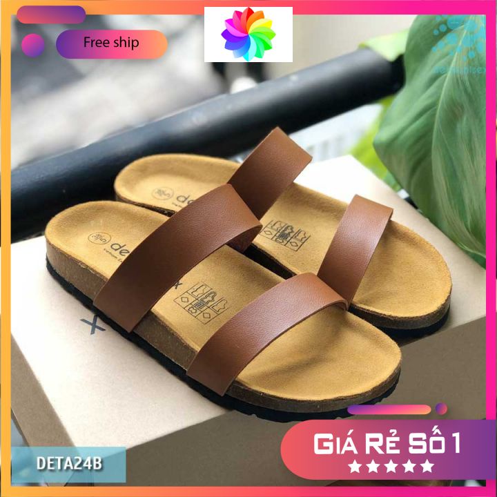 Dép Đế Trấu 2 Quai Ngang Nam Nữ BIRKEN Da PU Bò - DETA24B