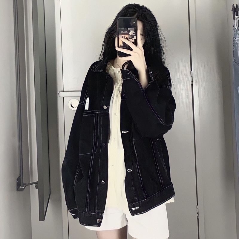 Áo khoác bò jean dày dặn dài tay form dài rộng phong cách hàn quốc