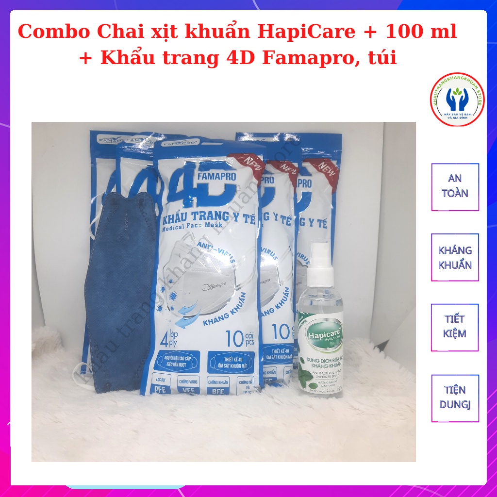 [COMBO 50+ 1] Chai xịt Khuẩn, khẩu trang 4D FAMAPRO (1 chai 100 ml + 50 cái khẩu trang loại xịn)