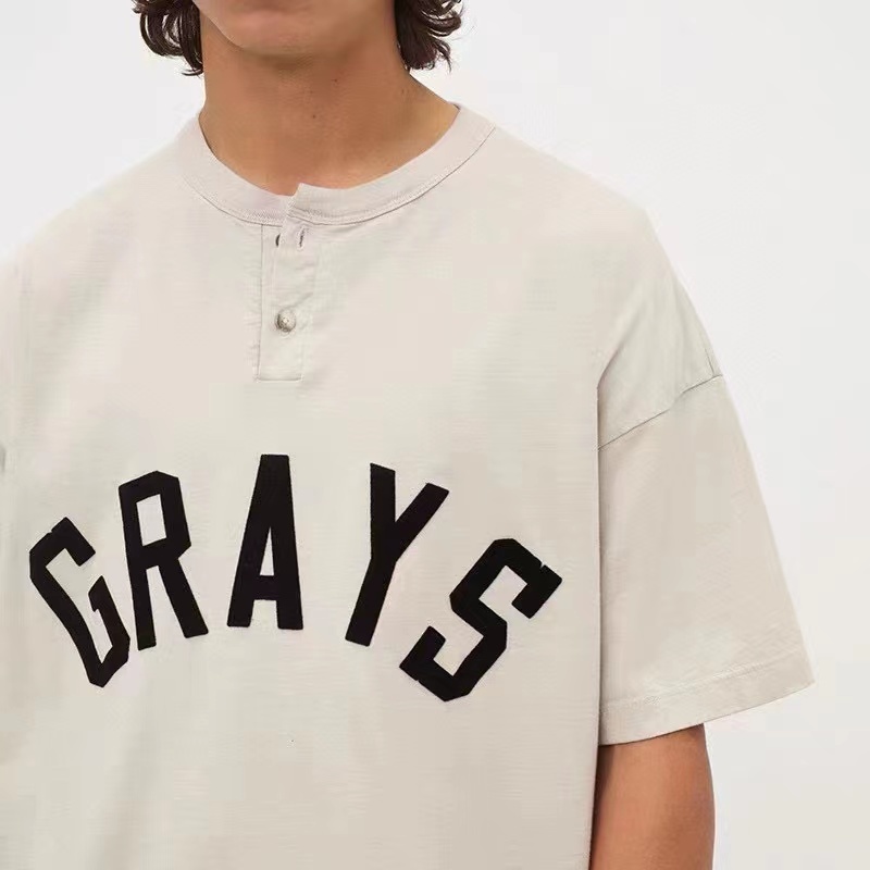 FOG FEAR OF GOD seventh season main line GRAYS flocking print Henry collar short-sleeved trendy men's T-shirt