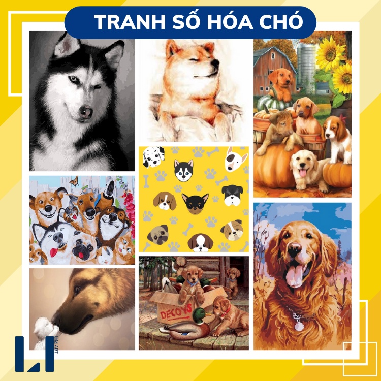 Tranh sơn dầu số hoá có khung LIM Art -Tranh tô màu theo số con chó husky, pug, shiba