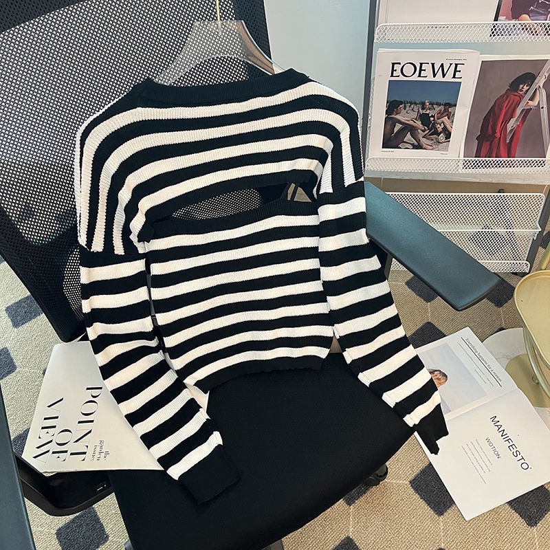 Set Áo Thun Dài Tay Họa Tiết Kẻ Sọc Và Quần Yếm Thời Trang Mới Cho Nữ