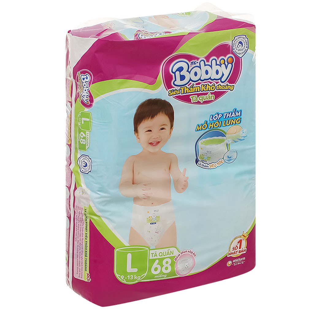 Tã Quần Bobby Siêu Thấm Khô Thoáng Size L68 (Lớp thấm mồ hôi lưng, cho bé 9-13kg)