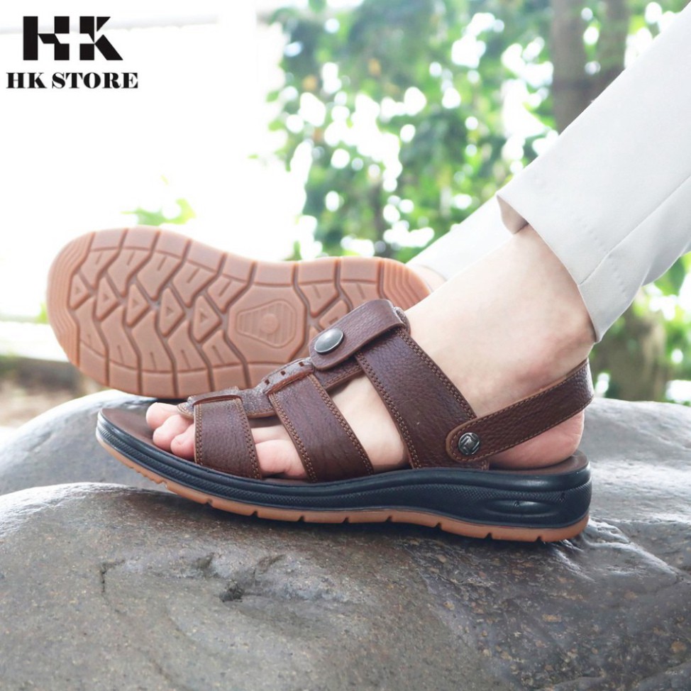Dép sandal nam trung niên 💝 HK.STORE 💝 da bò xịn kết hợp đế kếp cao 3,5cm cực đẹp khâu may chân quai công nghệ 2021.