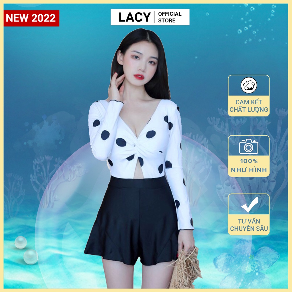 Đồ Bơi Nữ Áo Tắm Dài Tay Chấm Bi Chống Nắng Quần Váy Xòe Xếp Ly Nữ Tính Mùa Hè B131 LACY