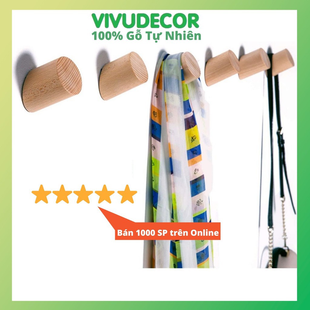 Móc treo quần áo Vivudecor gỗ gắn tường decor phòng trang trí màu sồi 8cm vát