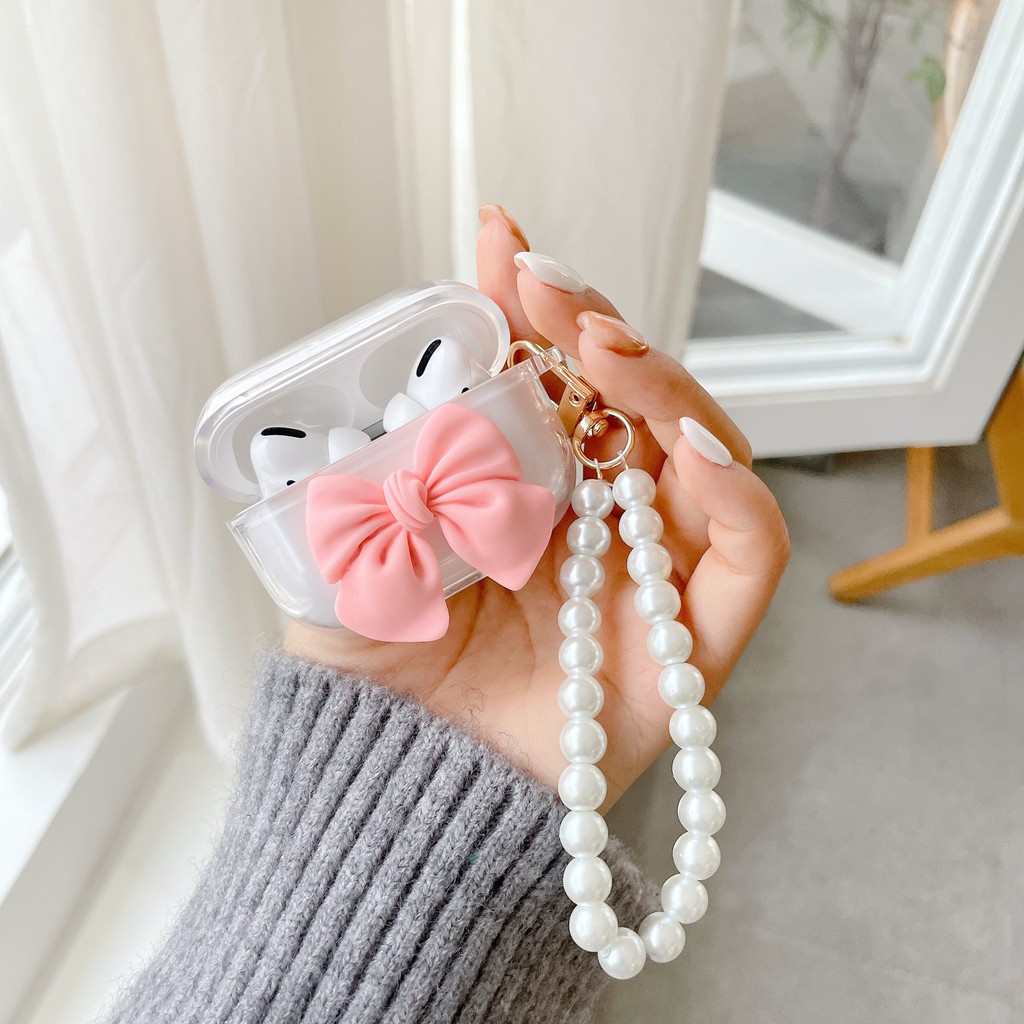 Vỏ Bảo Vệ Hộp Sạc Tai Nghe airpods 1 2 airpods pro 3 Không Dây Hình Nơ Ngọc Trai 3D Trong Suốt