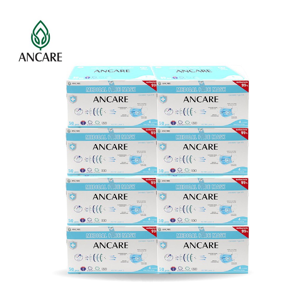 Khẩu Trang Y Tế 4 Lớp Cao Cấp Ancare Có Giấy Kháng Khuẩn Hàng Xuất Khẩu 1 Hộp 50 Chiếc, Chất Liệu Giấy Kháng Khuẩn 99%