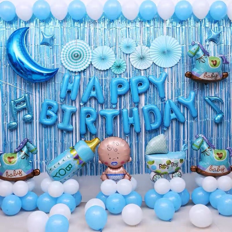 Set 2 rèm kim tuyến + 50 bóng nhũ + bóng chữ Happy birthday + bơm tay + keo trang trí sinh nhật