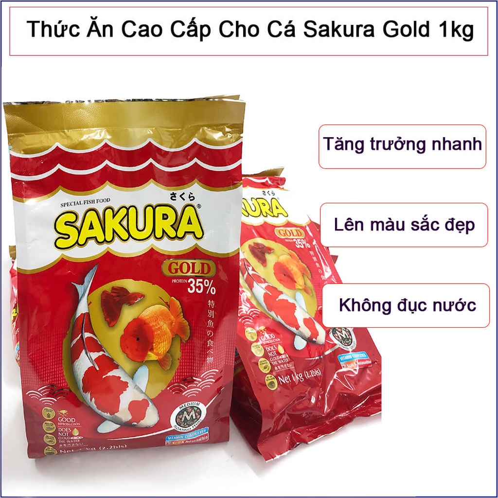 Thức Ăn Cho Cá Koi, Cá Vàng Sakura 35% Túi 1kg (Giúp cá nhanh lớn, tăng đề kháng, màu sắc cho cá)
