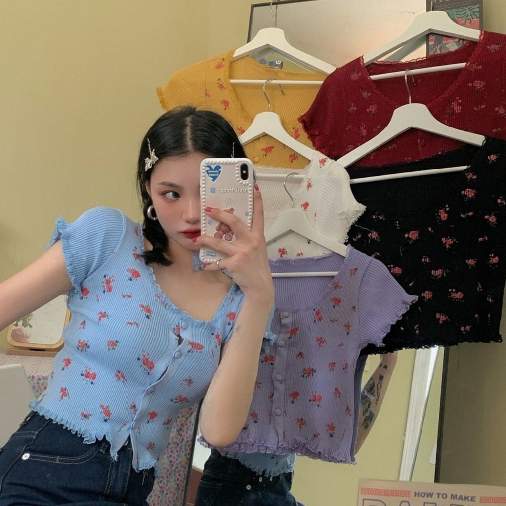 Áo kiểu croptop mùa hè in hoa chất len mát hơn áo thun, hàng shop cao cấp.