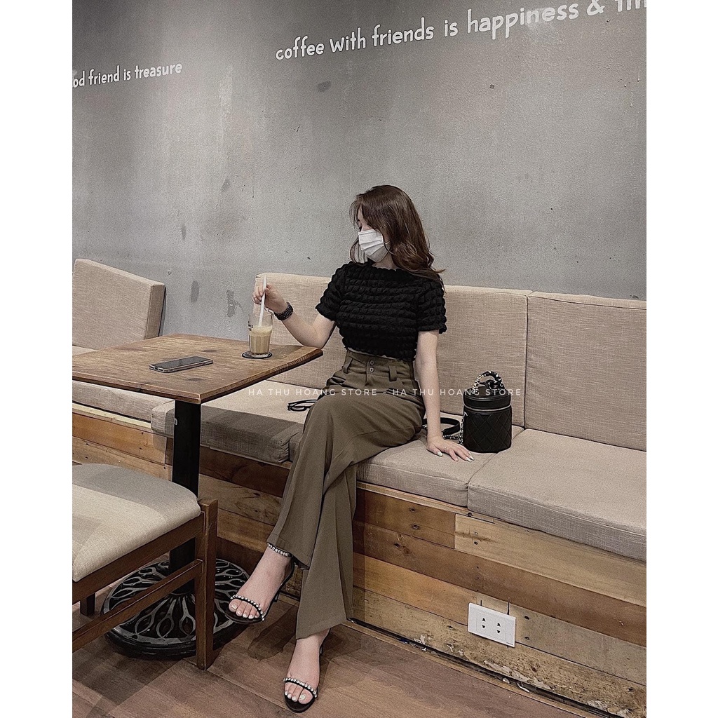Set áo croptop xốp ô nổi mix quần suông ống rộng nâu tây BN533