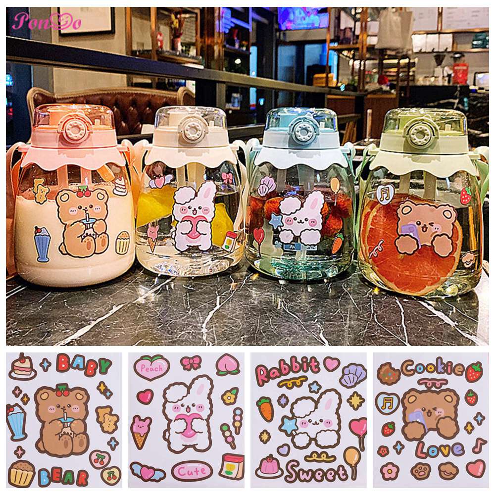 Bình Nước Hoạt Hình Dung Tích 1300ml Có Dây Đeo Tích Hợp Ống Hút Kèm Nhãn Dán Siêu Dễ Thương