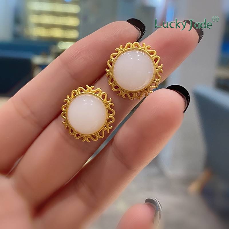 Khuyên Tai Tròn Mạ Bạc s925 Đính Hạt Ngọc Bích Trắng Phong Cách Cổ Điển Thời Trang