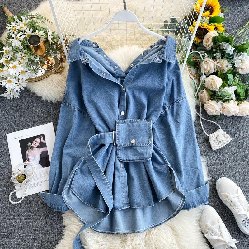 Korean Denim Shirt Female Design Niche Sense Scheming Halter Lace-up Waist Slimming Fashionable Two-wear Shirt